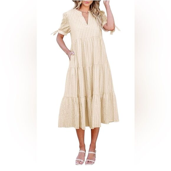 ECOWISH - Casual Dress V Neck Short Sleeve Gingham Midi Ruffles Tiered - size XL - Picture 2 of 10